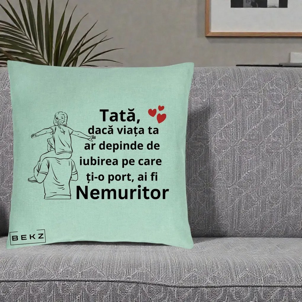Cadou pentru Tata - Perna Personalizata Tata Supererou Nemuritor, 40x40 cm, Verde Menta, Husa Detasabila, Perna Inclusa, BEKZ®