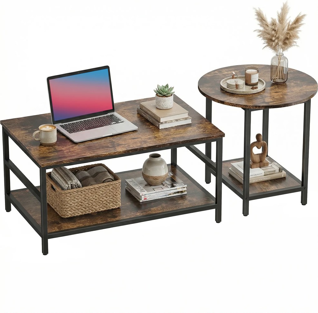 HOMCOM Set mese de cafea, 2 piese, masă dreptunghiulară și rotundă cu depozitare în 2 nivele, maro rustic | Aosom Romania