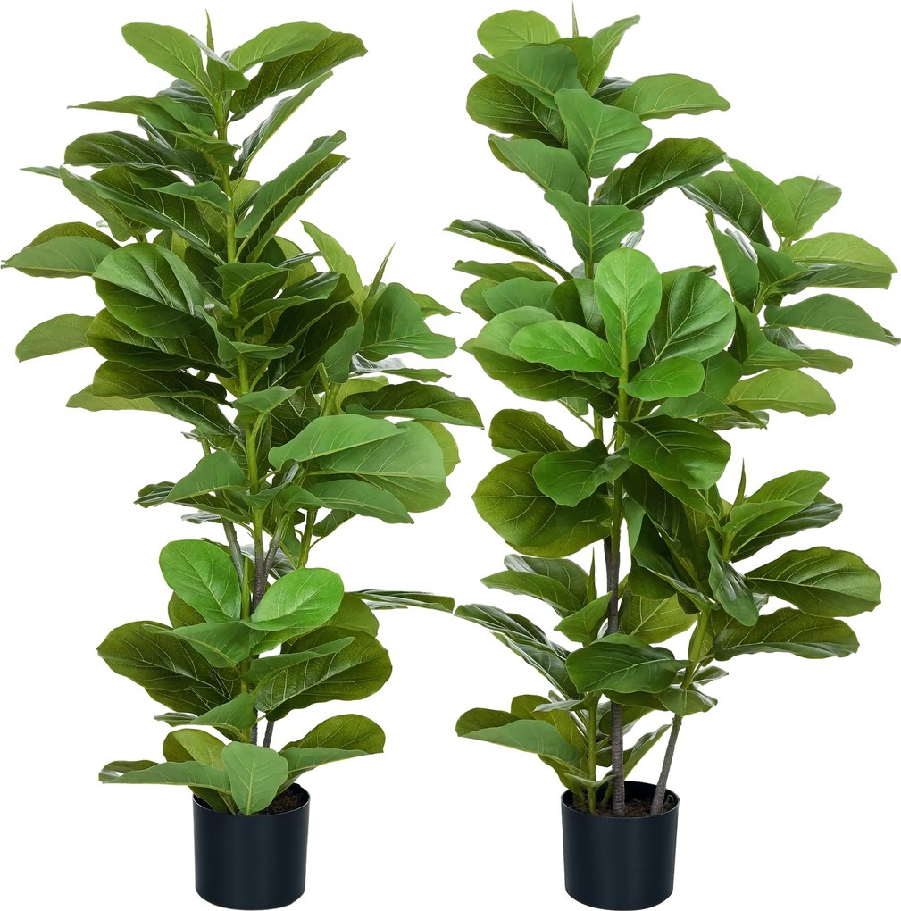HOMCOM, Set de 2 plante artificiale Ficus Lyrata, arbori artificiali cu ghiveci inclus, înălțime 110 cm, verde | Aosom Romania