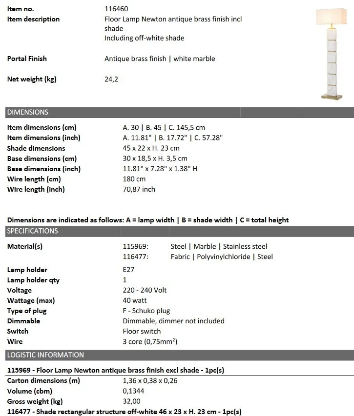 Lampadar, lampa de podea LUX cu baza din marmura Newton