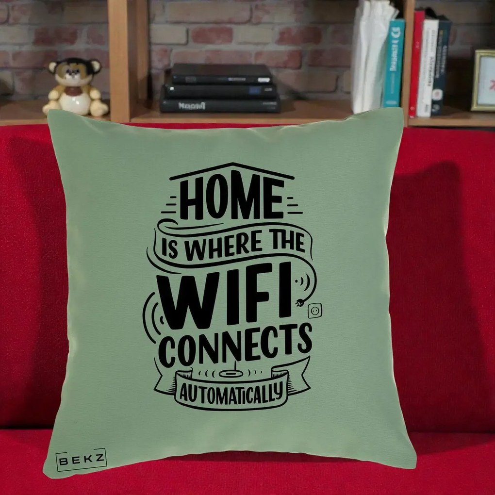 Perna Decorativa Home Is Where WiFi Connects, 40x40 cm, Verde, Husa Detasabila, Perna Inclusa, BEKZ®