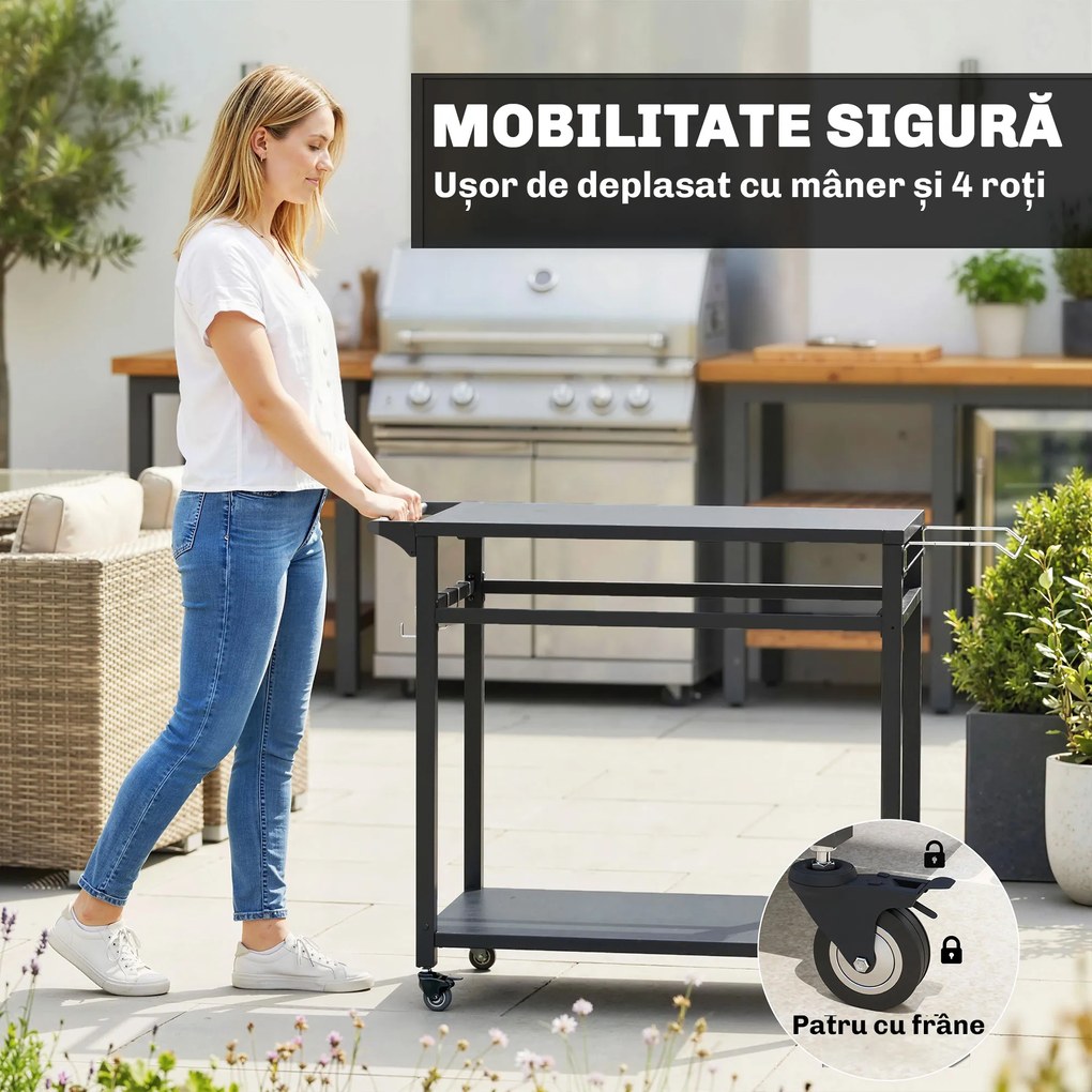 Outsunny Cărucior pentru grătar, 2 rafturi, suport pentru pizza, suport pentru saci și cârlige, Negru. | Aosom Romania