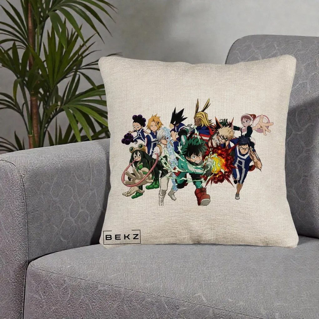Perna Personalizata My Hero Academia Clasa 1-A Complet, 40x40 cm, Bej Canapea, Husa Detasabila, Perna Inclusa, BEKZ®