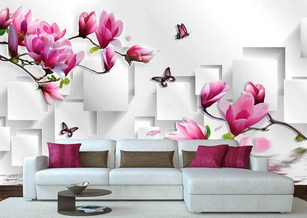 Fototapet 3D, Flori si fluturi roz pe un fundal abstract Art.05067