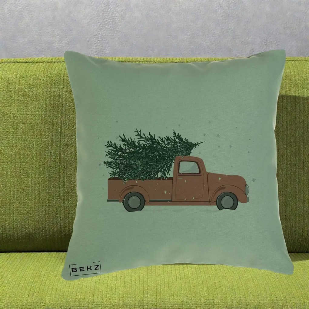 Perna Decorativa Camioneta Terracotta Brad de Craciun, 40x40 cm, Verde, Husa Detasabila, Perna Inclusa, BEKZ®