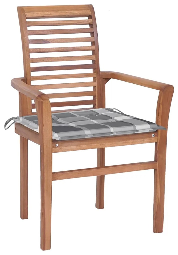 3072960 vidaXL Scaune de bucătărie, perne gri carouri, 6 buc., lemn masiv tec