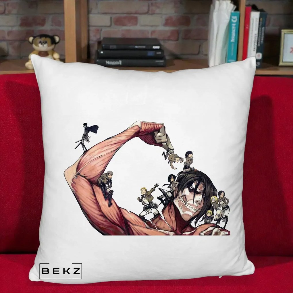 Perna Personalizata Attack on Titan Eren Titan Grup, 40x40 cm, Alb Pufos, Husa Detasabila, Perna Inclusa, BEKZ®