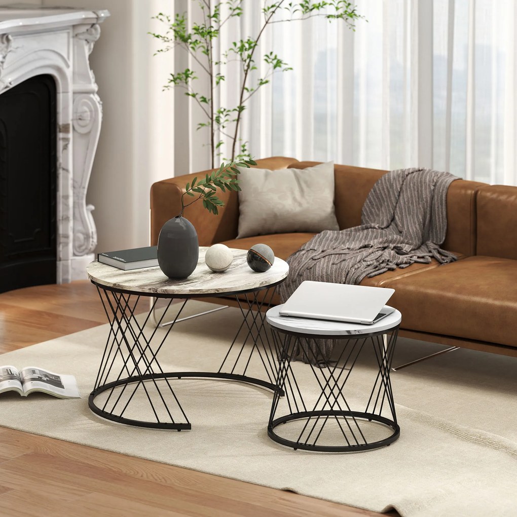 HOMCOM Lot de 2 mese joase gigogne rotunde Ø 70/44,5 cm cu blat efect marmură și picioare din metal, gri și alb | Aosom Romania