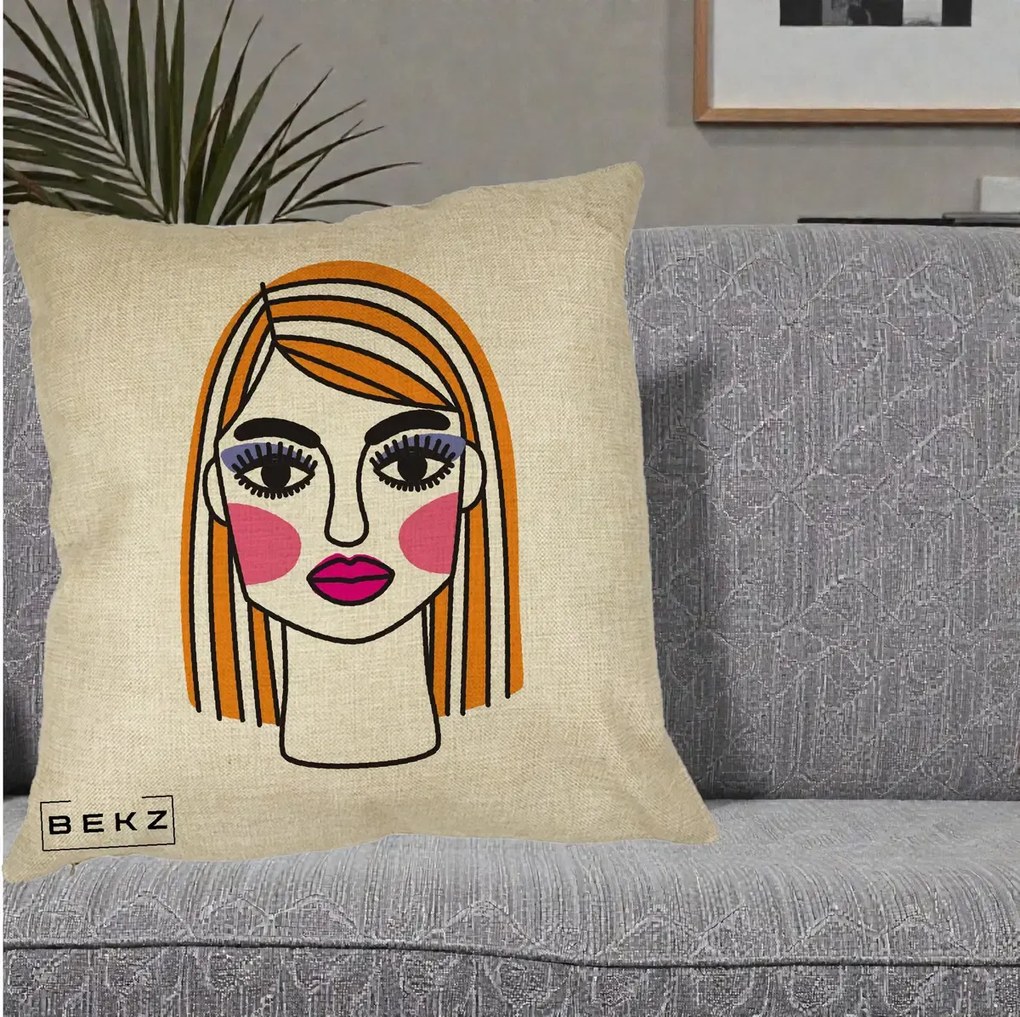 Perna Decorativa Portret Pop Art Fata, 40x40 cm, Crem, Husa Detasabila, Perna Inclusa, BEKZ®