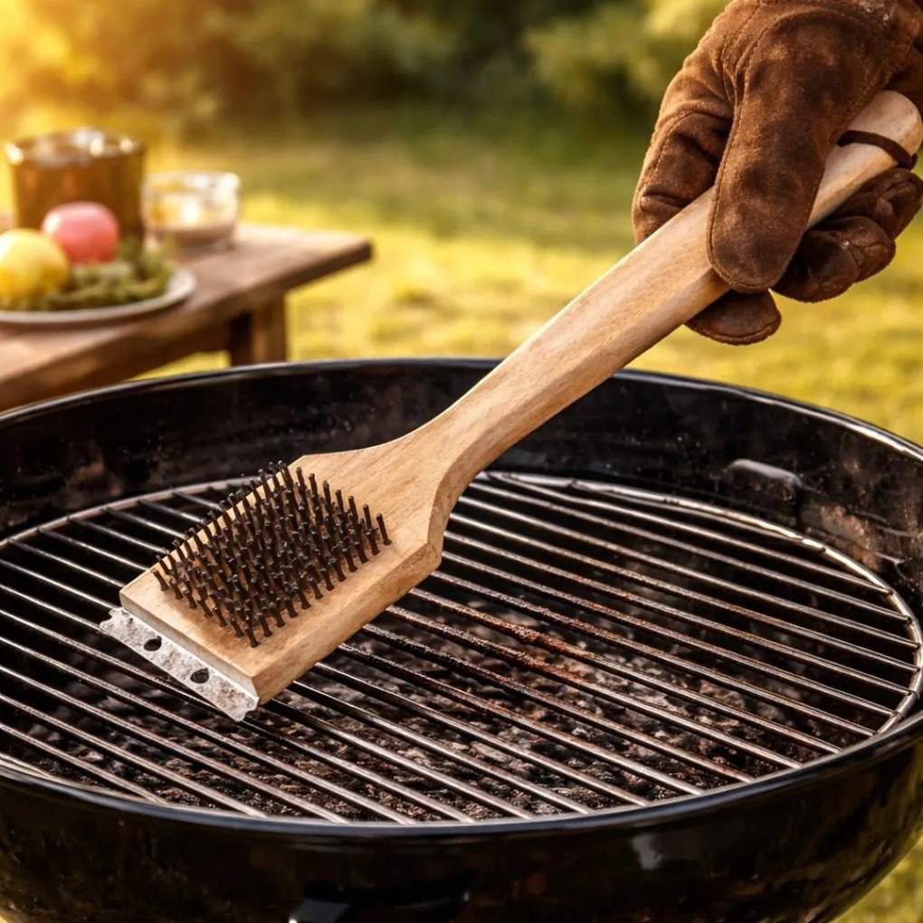 Perie curățare grătar BBQ 30 cm, din lemn cu peri metalici, accesoriu grill rezistent