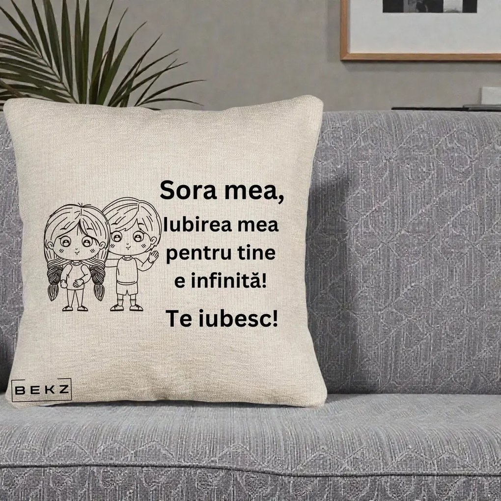Cadou pentru Sora - Perna Personalizata Sora Mea Te Iubesc Copii Anime Line Art, 40x40 cm, Bej Canapea, Husa Detasabila, Perna Inclusa, BEKZ®