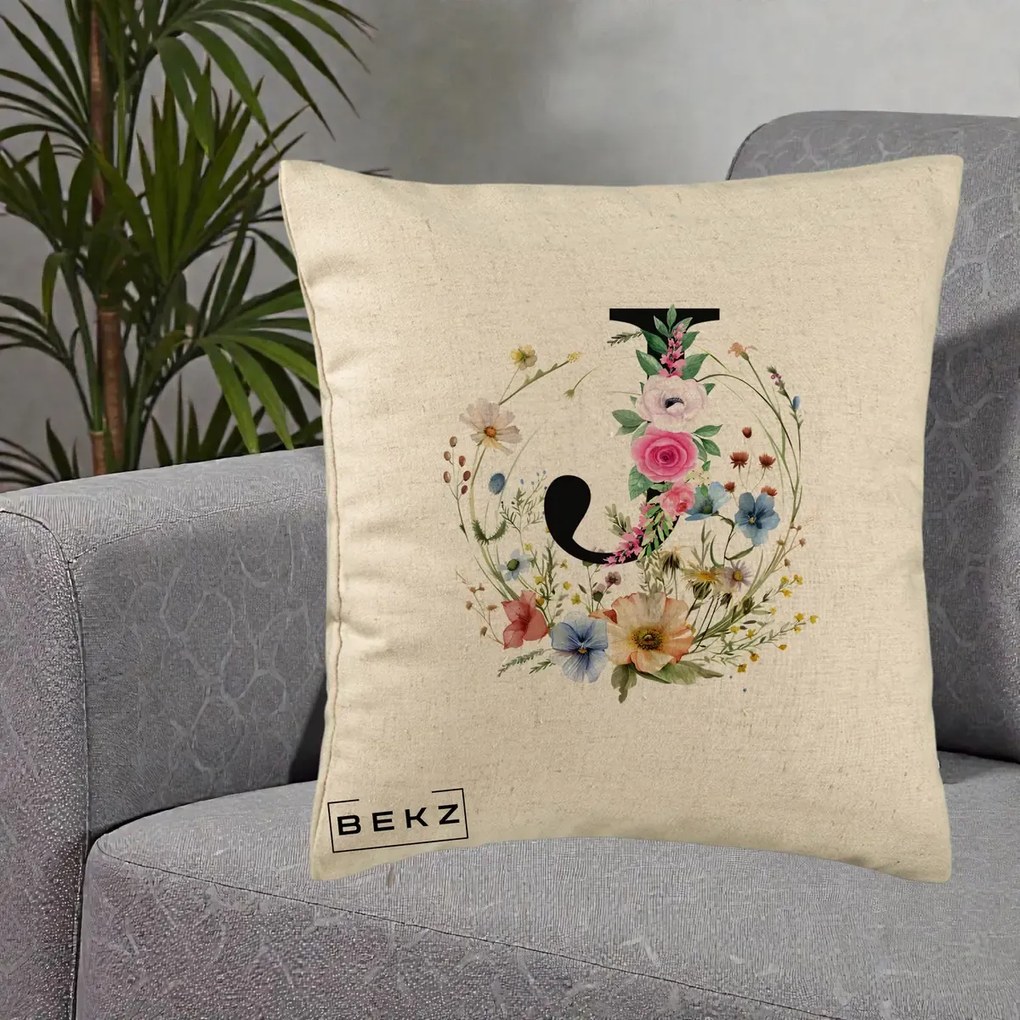Cadou Personalizat - Perna Personalizata Monogram Litera J cu Flori Acuarela, 40x40 cm, Bej, Husa Detasabila, Perna Inclusa, BEKZ®
