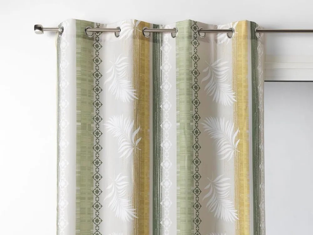 Perdea cu model scandinav galben-verde, pe cercuri cu un motiv de frunze 140 x 260 cm