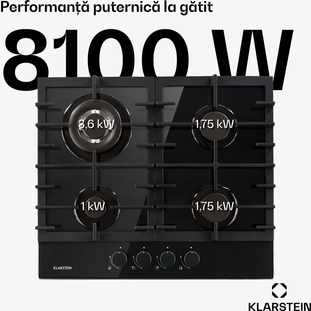 Klarstein Ignito, plită pe gaz, 4 arzătoare, arzător Sabaf, sticlă ceramică, negru
