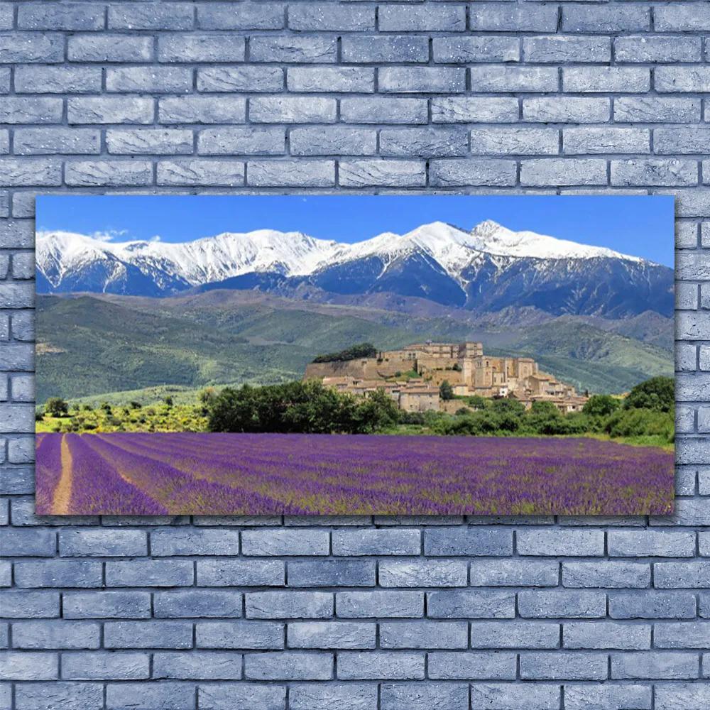 Tablou pe panza canvas Luncă Munții Flori Peisaj Violet Verde Albastru Alb