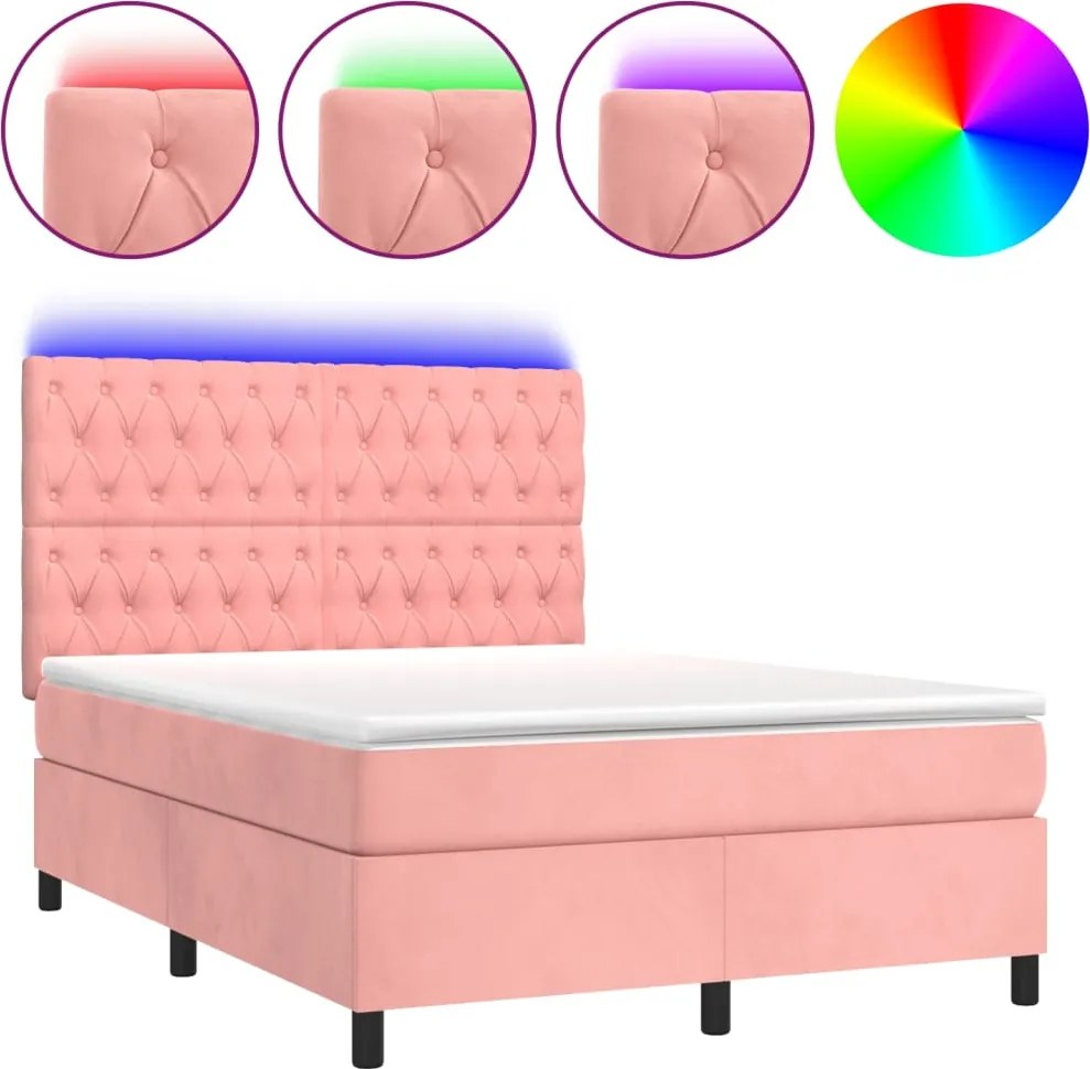 vidaXL Pat cu arcuri, cu saltea și LED, roz, 140x190 cm catifea