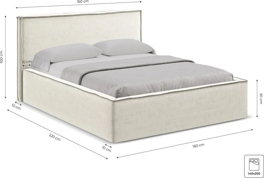 Pat matrimonial verde tapițat cu spațiu de depozitare cu somieră 140x200 cm Anani – Makamii