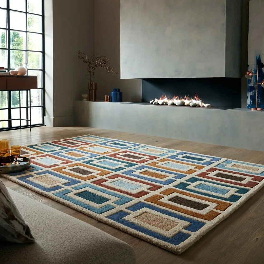 Covor albastru/portocaliu țesut manual din lână 80x150 cm Retro Blocks – Flair Rugs