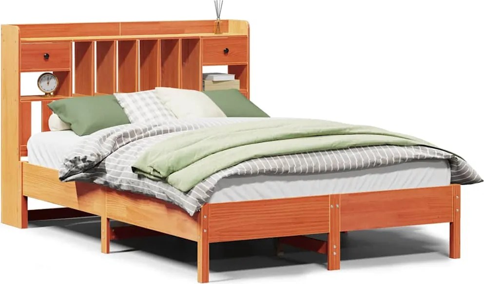 vidaXL Pat cu bibliotecă fără saltea maro 160x200 cm lemn masiv de pin