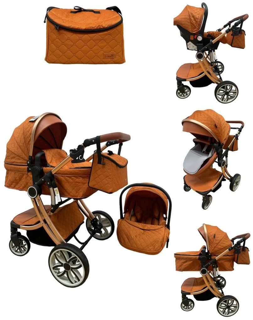 Carucior 3 in 1 cu landou transformabil in parte sport si scoica auto 0-36 luni, Portocaliu - CPC-53-portocaliu