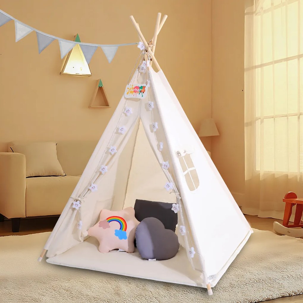 Jurhan Cort tip teepee pentru copii JULIUS, 120x120x160cm, alb/gri