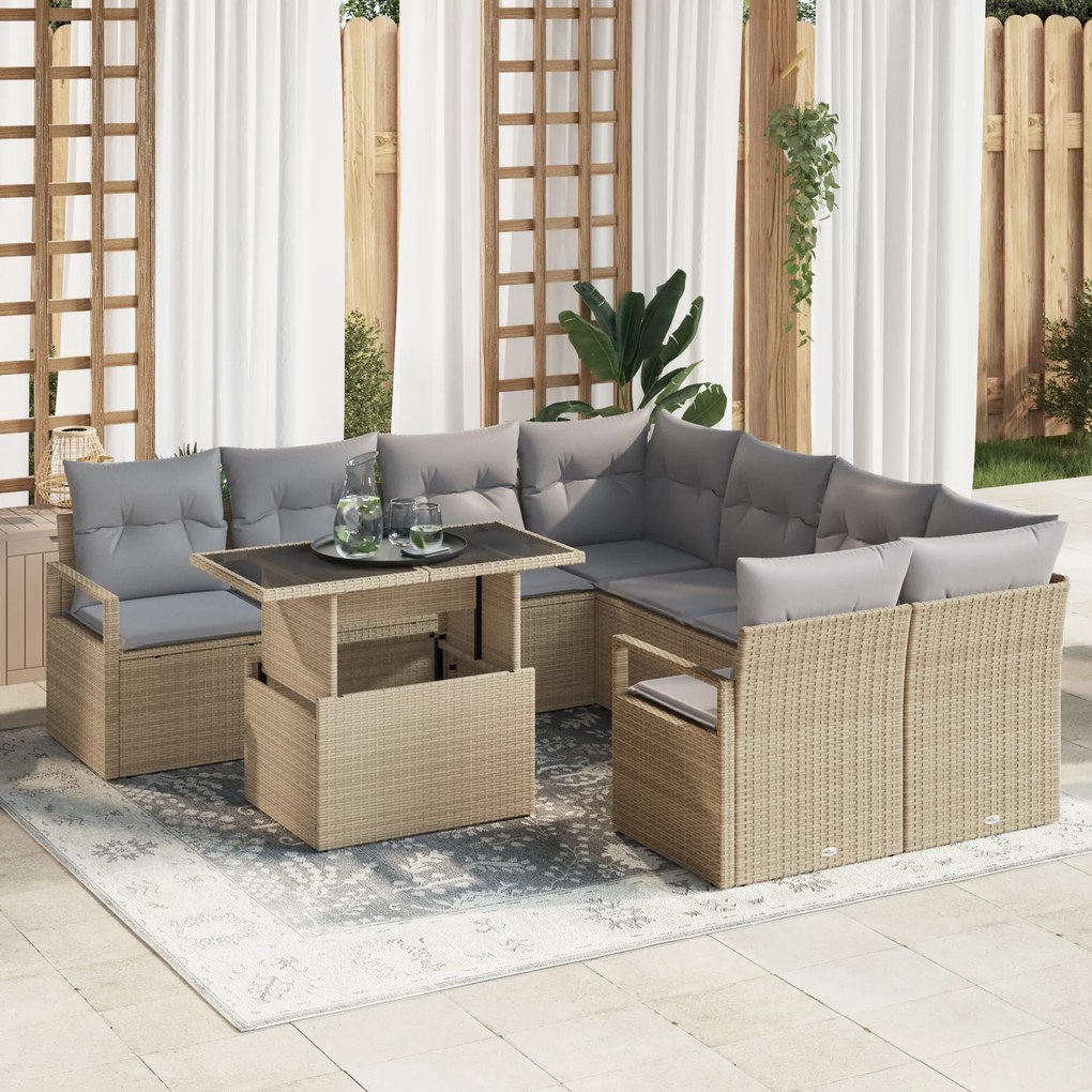 vidaXL Set de canapele pentru grădină , 9 piese, cu perne, bej.