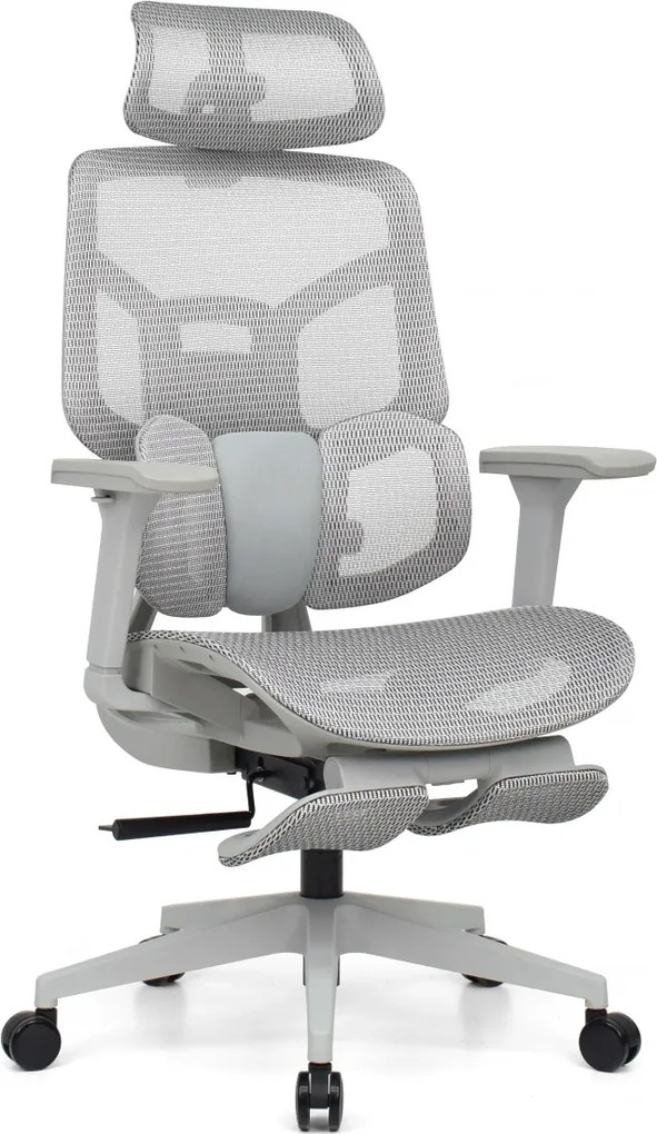 Scaun Ergonomic AirMesh Pro E399-H – Full Mesh, Suport Lombar Reglabil pe Înălțime, Cotiere 4D, Tetiera 3D, Reclinare Automată, Suport Picioare, Gri