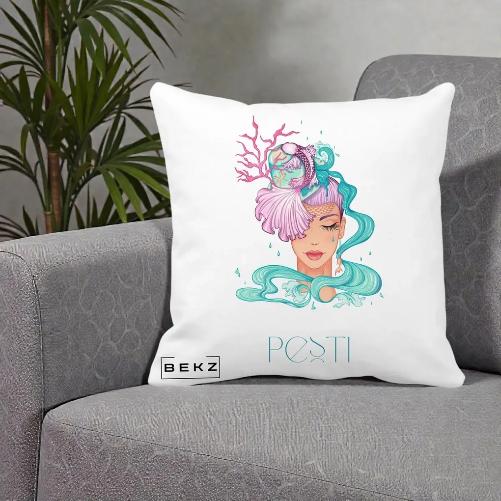 Perna Personalizata Zodiac Pesti Cowgirl, 40x40 cm, Alba Mata, Husa Detasabila, Perna Inclusa, BEKZ®
