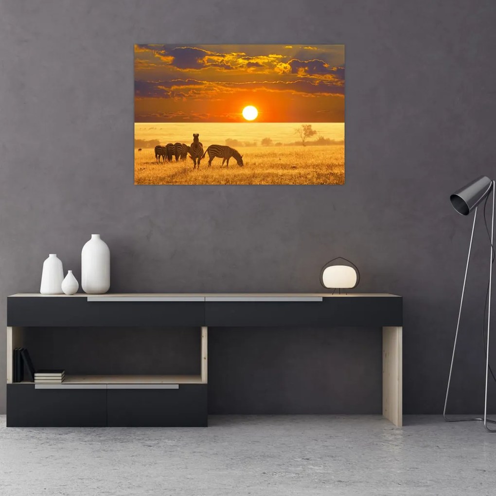 Tablou - Zebre cu apus de soare (90x60 cm)