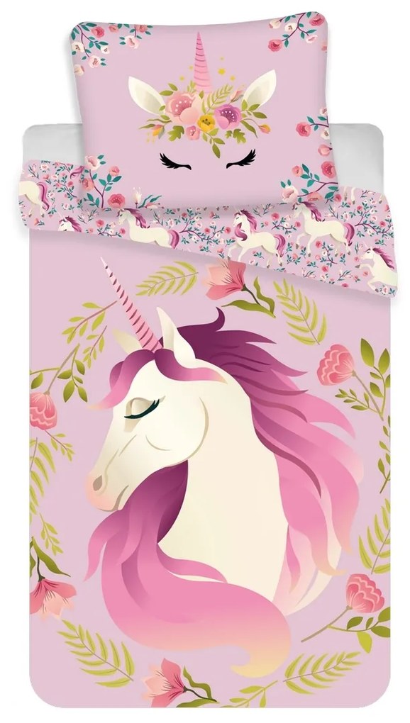 Lenjerie de pat din bumbac pentru copii Unicorn flowers, 140 x 200 cm, 70 x 90 cm