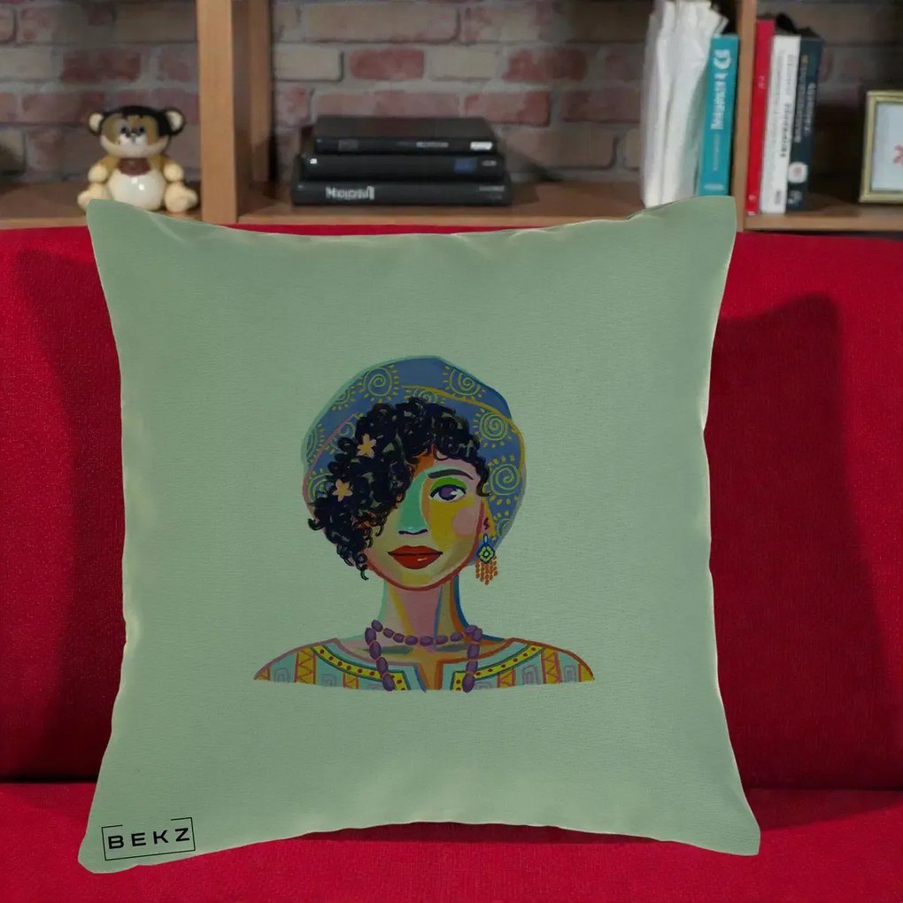 Perna Decorativa Portret Femeie Etnic Colorat, 40x40 cm, Verde, Husa Detasabila, Perna Inclusa, BEKZ®