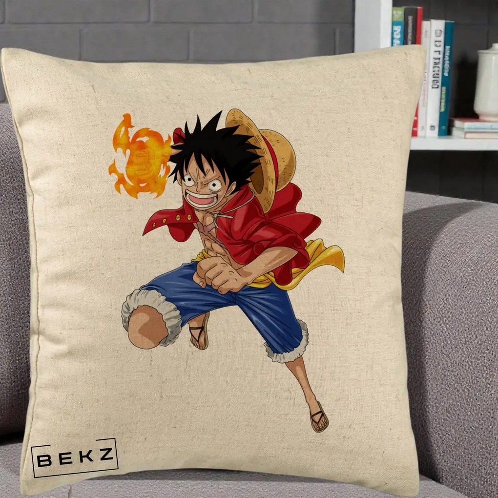 Perna Personalizata One Piece Luffy Gear Second Foc, 40x40 cm, Bej, Husa Detasabila, Perna Inclusa, BEKZ®