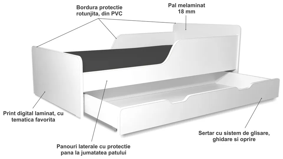 Pat copii Minnie 2-12 ani cu sertar si saltea inclusa