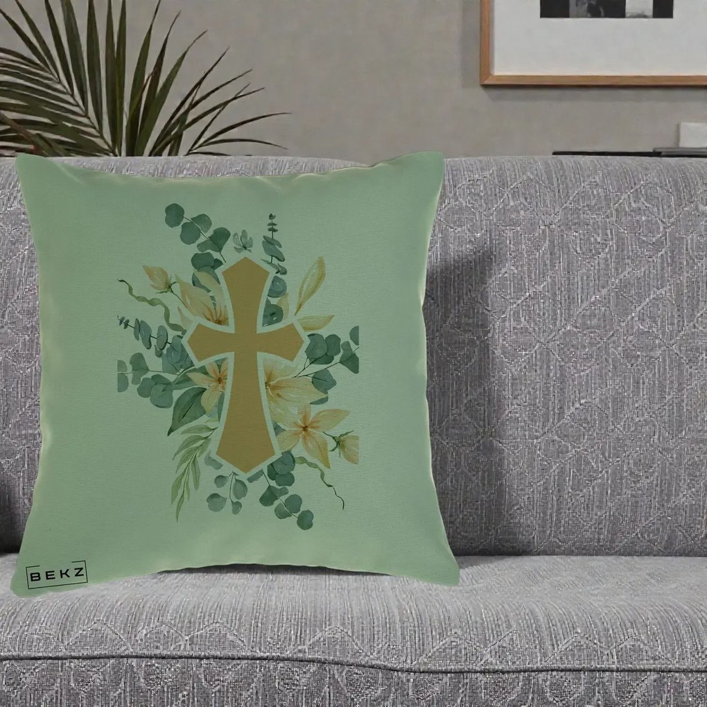 Perna Personalizata Cruce Florala Botez, 40x40 cm, Verde, Husa Detasabila, Perna Inclusa, BEKZ®