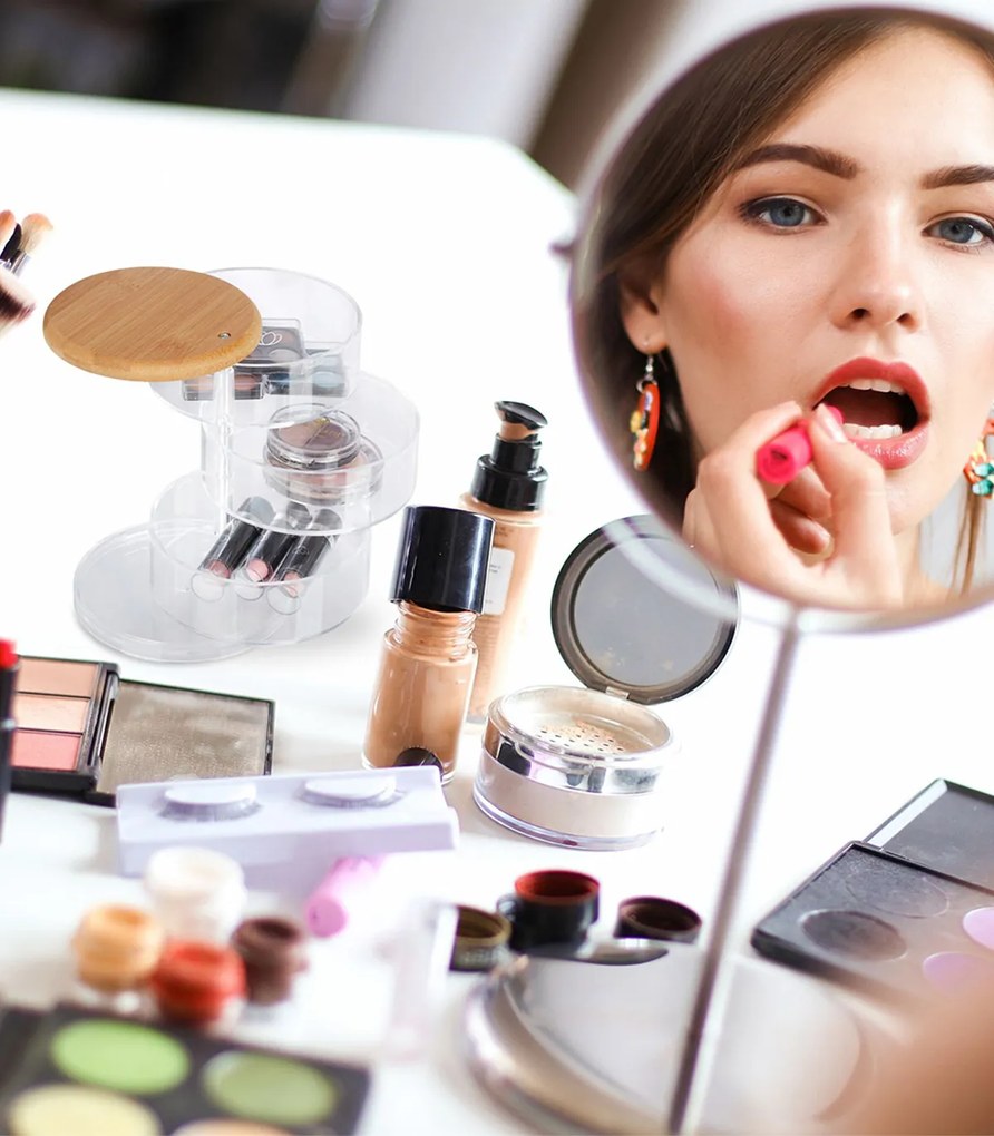 Organizator produse cosmetica 3 compartimente bambus/plastic Transparent