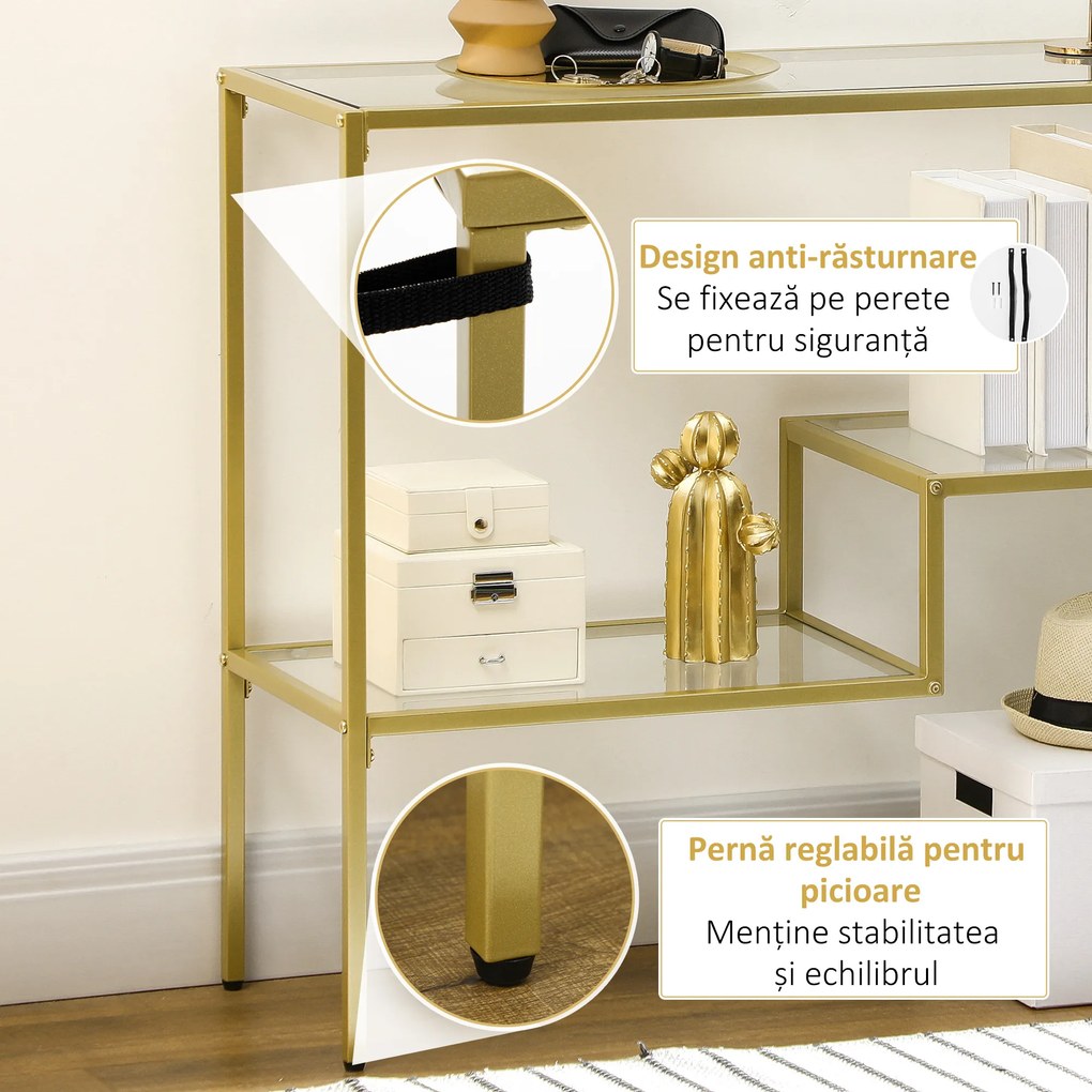 HOMCOM Consolă Aurie cu Masă de Cafea din Sticlă Temperată 100 cm, Rafturi de Depozitare, Design Elegant pentru Hol | Aosom Romania