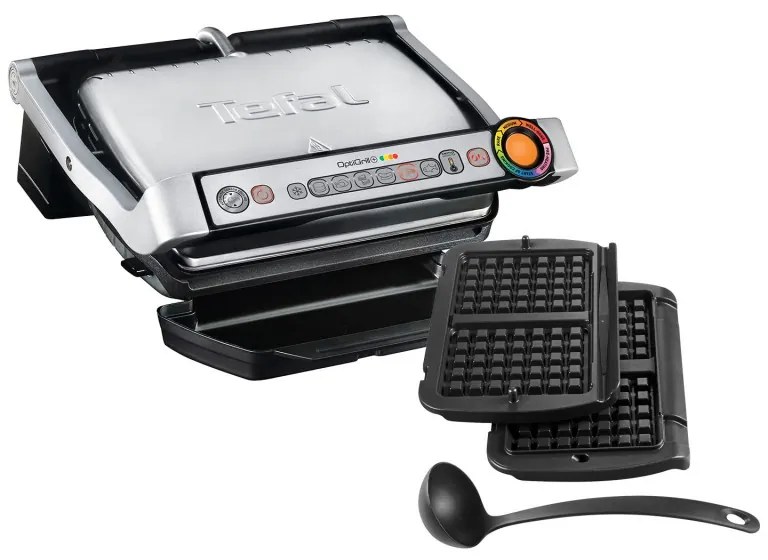 Gratar electric Tefal OptiGrill+ Waffles GC716D12, 2000W, 6 programe, Acoperire antiaderenta Teflon, Placi pentru vafe, Control temperatura, Max 275°C, Inox