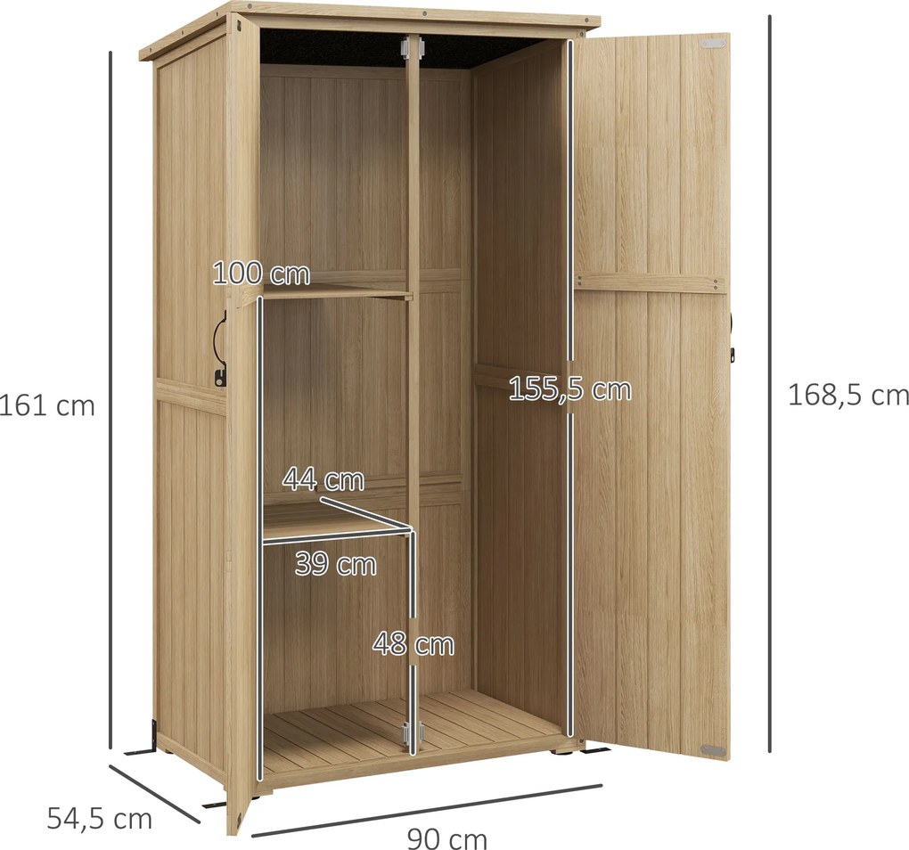 Outsunny Dulap de grădină adăpost magazie pentru unelte 90L x 54.5P x 161/168,5H cm 2 rafturi acoperiș bitumat etanș lemn de pin autoclavizat | Aosom Romania