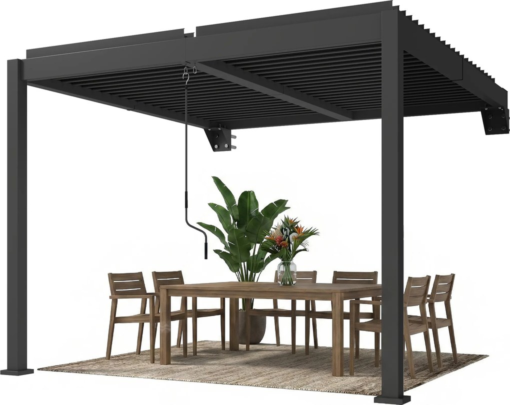 Outsunny Pergolă aprox. 3x3 m acoperiș terasă din aluminiu cu lamele reglabile, montare pe perete, gri închis | Aosom Romania