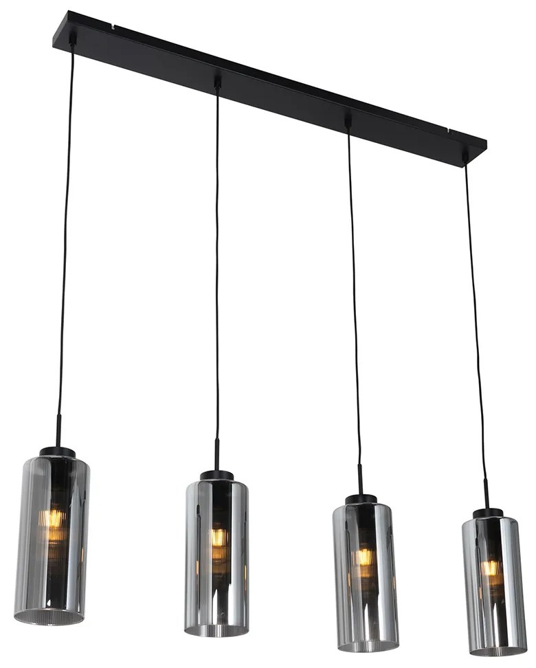 Lampă suspendată Art Deco neagră cu sticlă fumurie cu 4 lumini - Laura
