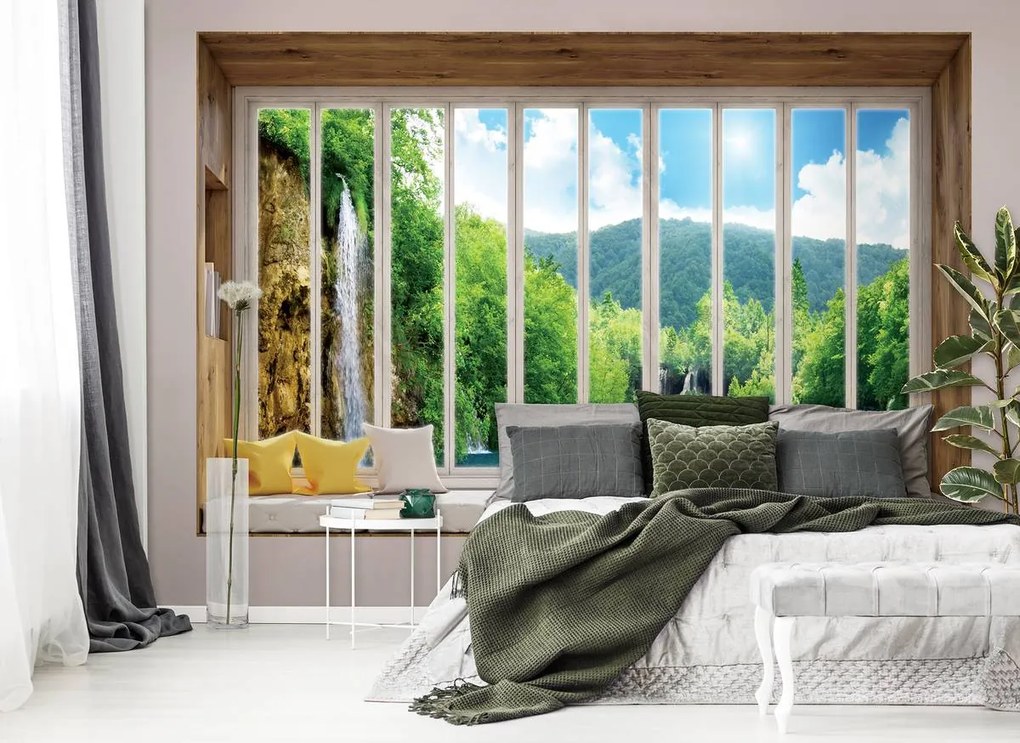 Fototapet - Privire spre cascadă - geam (152,5x104 cm)