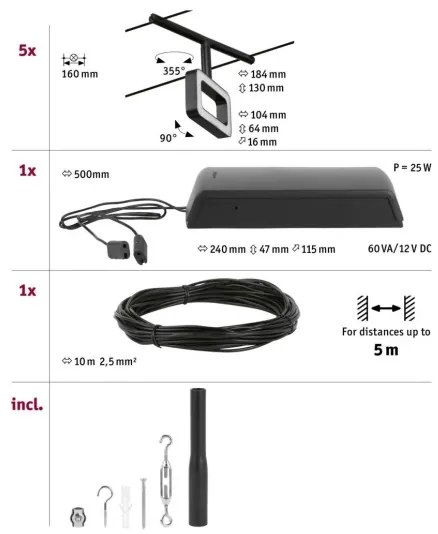Paulmann 94485 - Set complet 5 x LED (4,8 W), sistem pe cablu FRAME, 230 V, negru