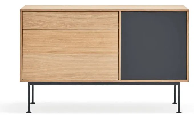 Comodă cu aspect de lemn de stejar Teulat Yoko, lățime 128 cm, gri antracit