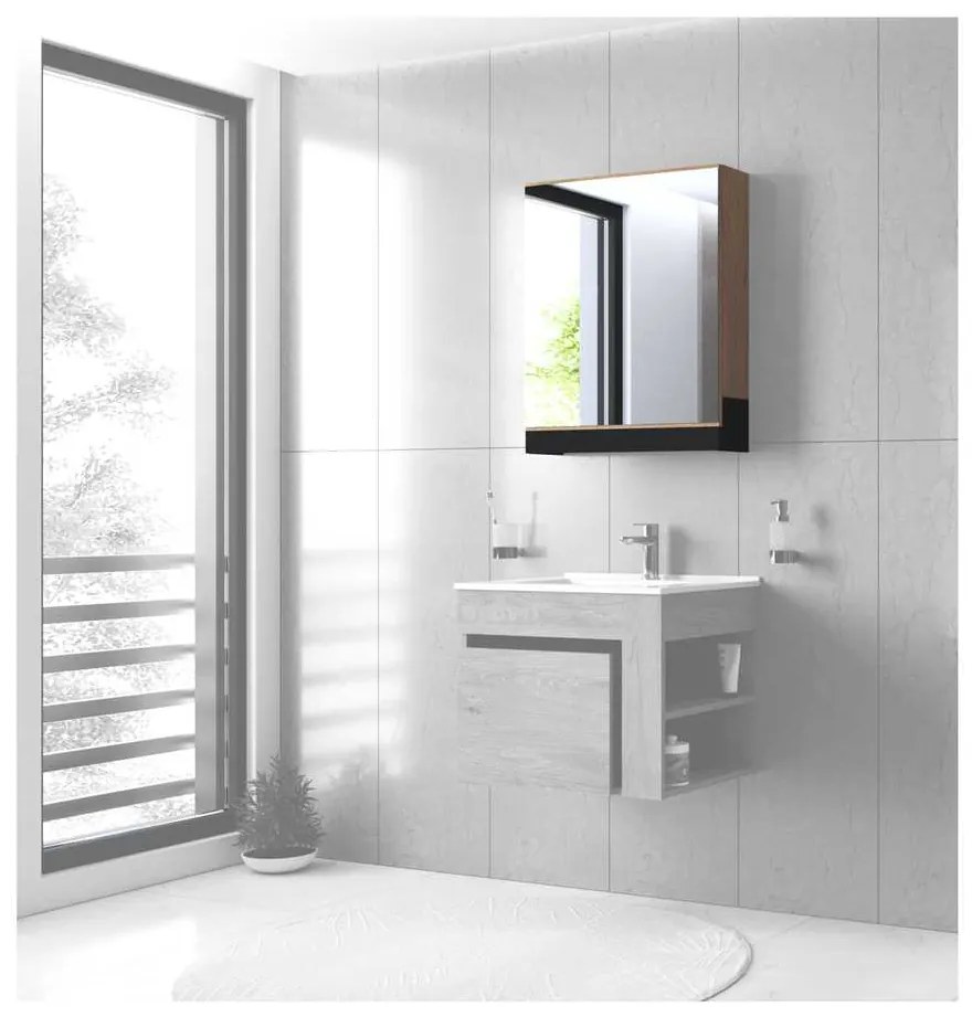 Dulap cu oglindă suspendat Stokes 60 cm, argint / stejar auriu