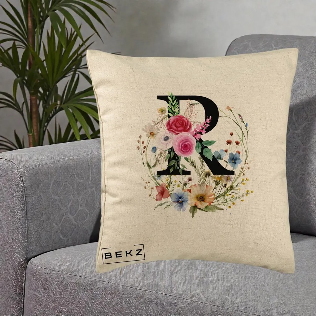 Cadou Personalizat - Perna Personalizata Monogram Litera R cu Flori Acuarela, 40x40 cm, Bej, Husa Detasabila, Perna Inclusa, BEKZ®