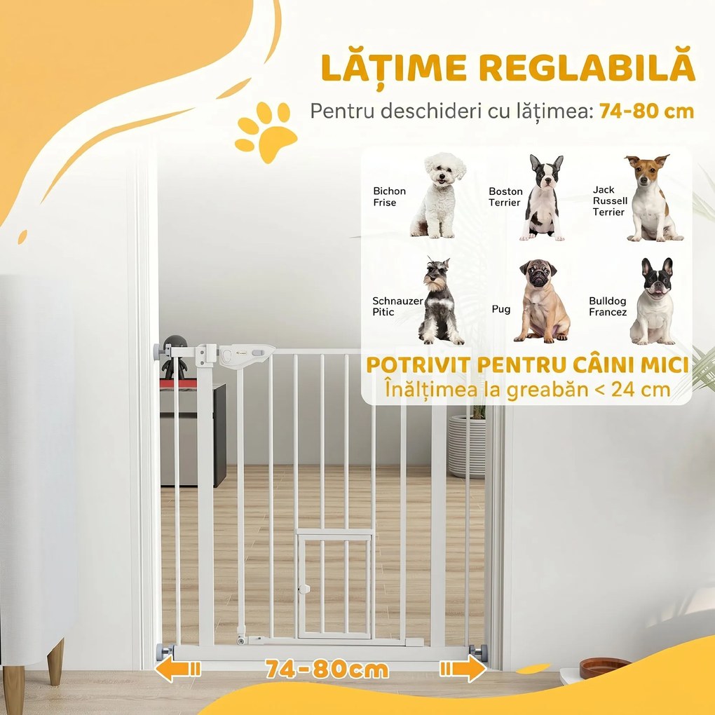 PawHut Poartă Reglabilă pentru Câini cu Ușă și Montare prin Presiune, Barieră cu Închidere Automată, 74-80x76.2 cm, Alb | Aosom Romania