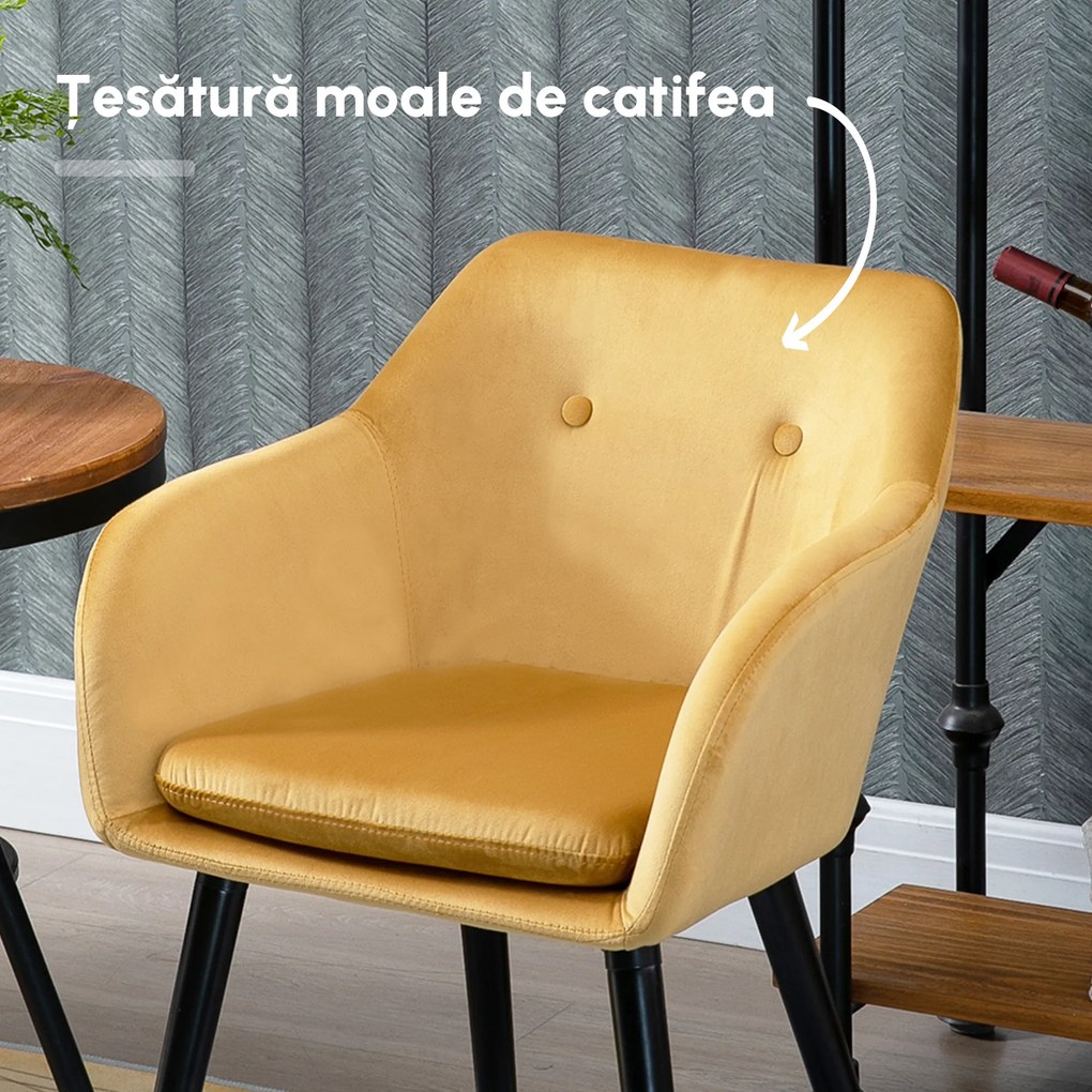 HOMCOM Set de 2 scaune pentru sufragerie cu cotiere, scaune pentru bucatarie tapitate cu catifea cu picioare din lemn, 54x56x74cm, galben