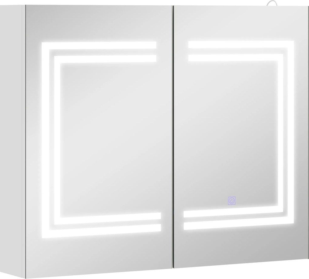 kleankin Oglindă Baie cu Dulap și LED, 80 x 65cm, Ușă Soft Close, Reglabilă pe 3 Culori, Rafturi Ajustabile, Alb Lucios | Aosom Romania