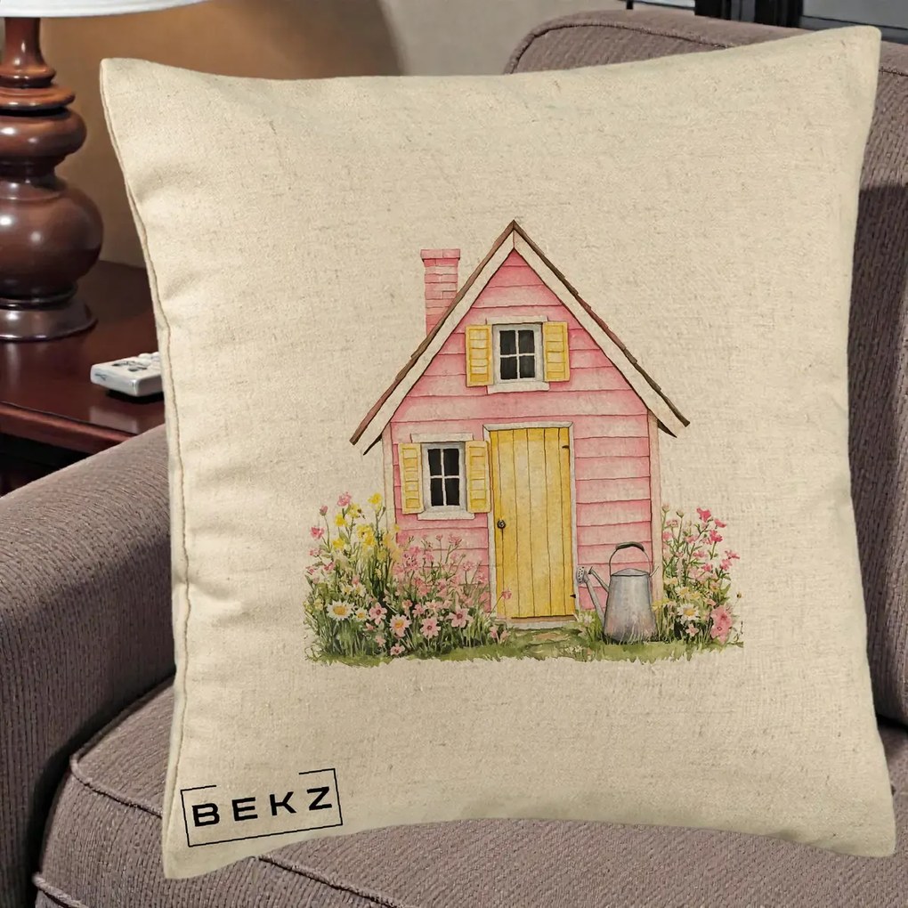 Perna Decorativa Casuta Roz Acuarela cu Gradina, 40x40 cm, Bej, Husa Detasabila, Perna Inclusa, BEKZ®