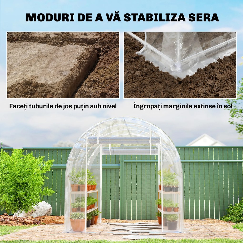Outsunny Seră de Grădină Tip Tunel 2x3x2 m cu 2 Uși Rulabile, Seră pentru Legume, Flori și Fructe, cu 4 Bare Diagonale, Cadru din Oțel și Acoperiș PE, Transparentă | Aosom Romania
